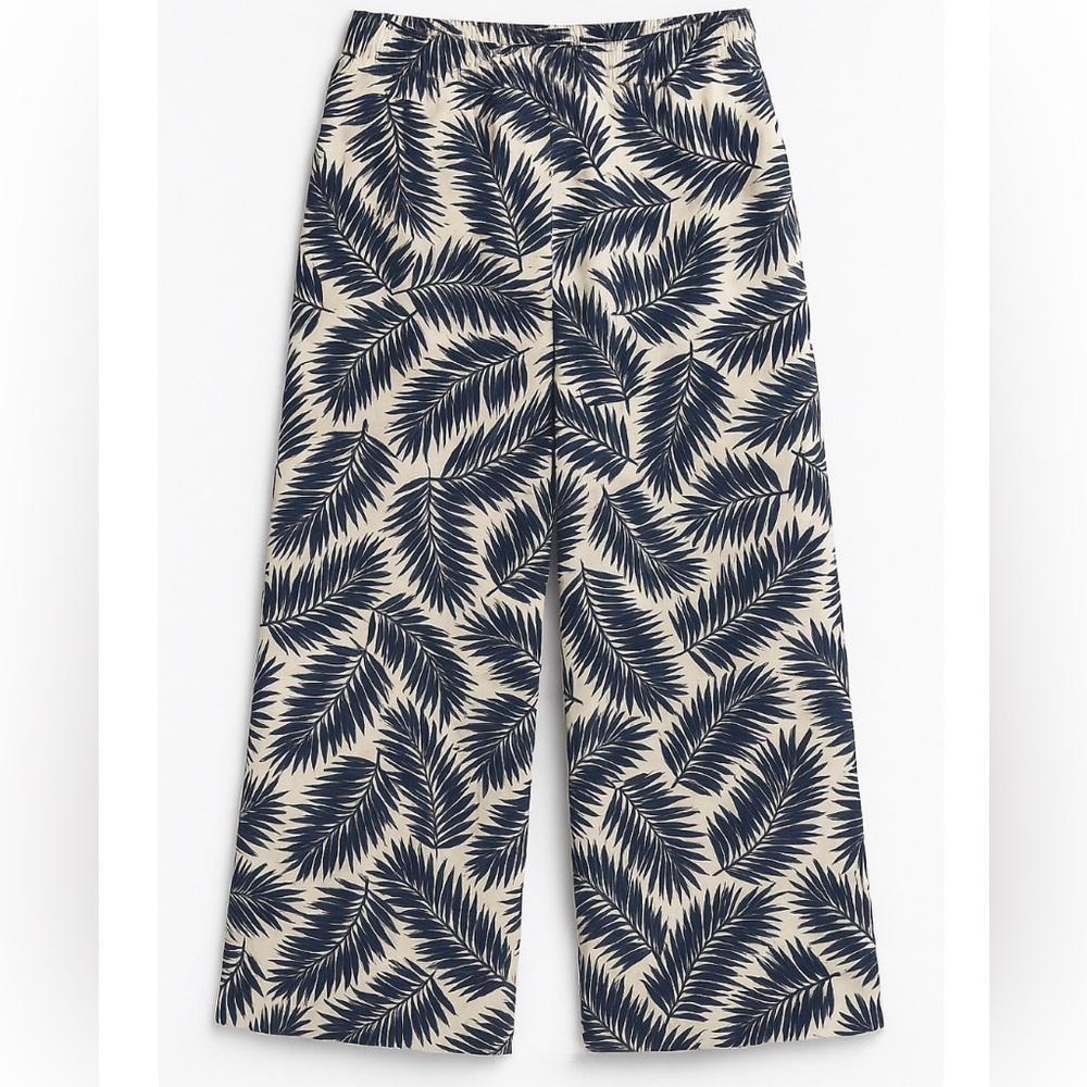Navy and Cream Palm Print Pants Linen Pants
